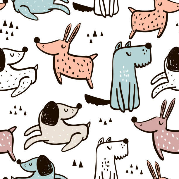Childish seamless pattern with hand drawn dogs. Trendy scandinavian vector background. Perfect for kids apparel,fabric, textile, nursery decoration,wrapping paper Childish seamless pattern with hand drawn dogs. Trendy scandinavian vector background. Perfect for kids apparel,fabric, textile, nursery decoration,wrapping paper printmaking technique illustrations stock illustrations