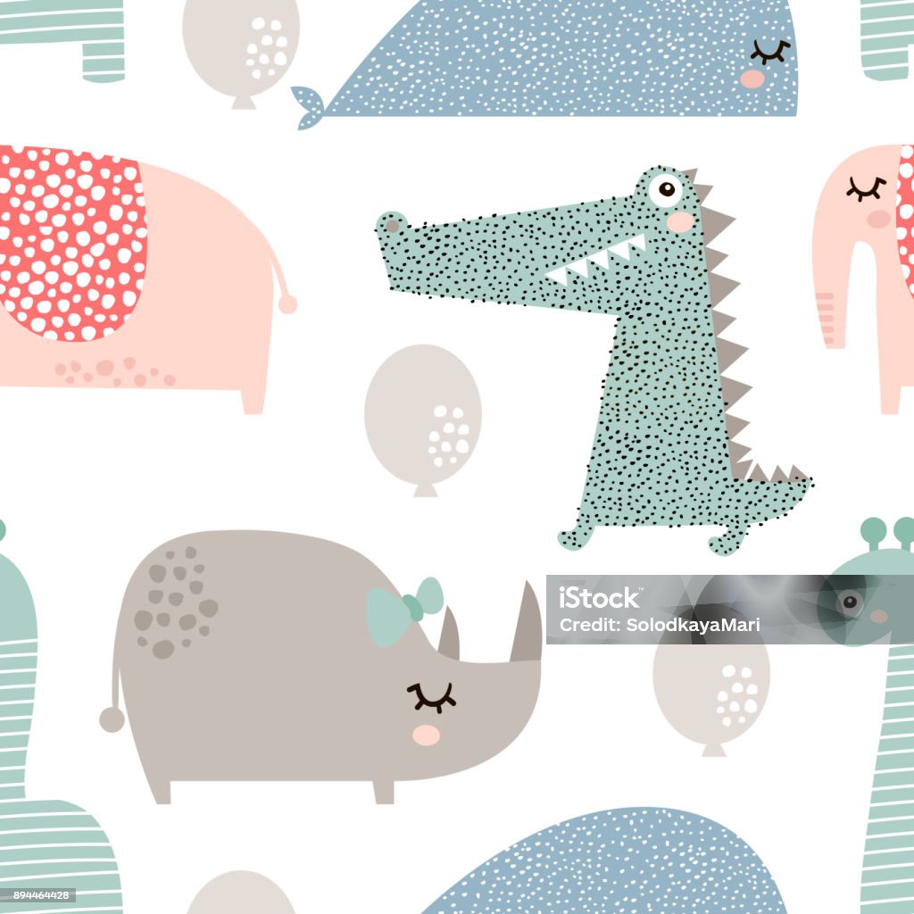 Seamless pattern with rhinoceros, elephant, crocodile, whale. Creative bay animals background. Perfect for kids apparel,fabric, textile, nursery decoration,wrapping paper.Vector Illustration Baby - Human Age stock vector