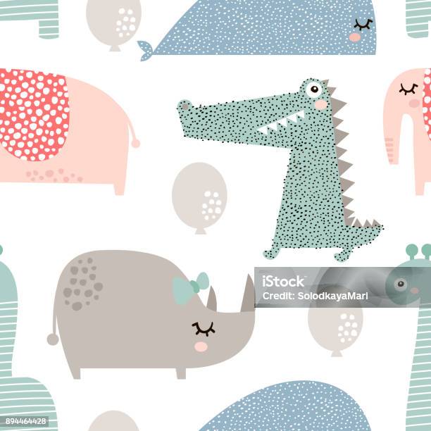 Seamless Pattern With Rhinoceros Elephant Crocodile Whale Creative Bay Animals Background Perfect For Kids Apparelfabric Textile Nursery Decorationwrapping Papervector Illustration Stock Illustration - Download Image Now