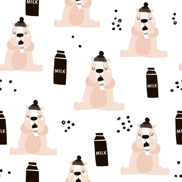 illustrazioni stock, clip art, cartoni animati e icone di tendenza di motivo senza cuciture con grazioso piccolo orso con bottiglia di latte ed elementi disegnati a mano. texture infantile creativa. ottimo per tessuto, illustrazione vettoriale tessile - fashion palette