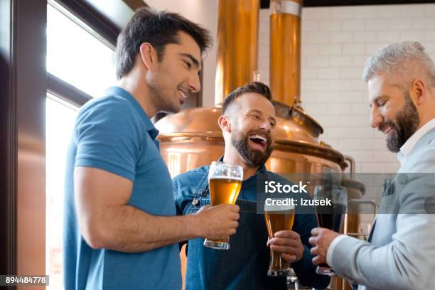 Brewery Team Having Beer After Work Stock Photo - Download Image Now - Brewery, Drinking, Happy Hour