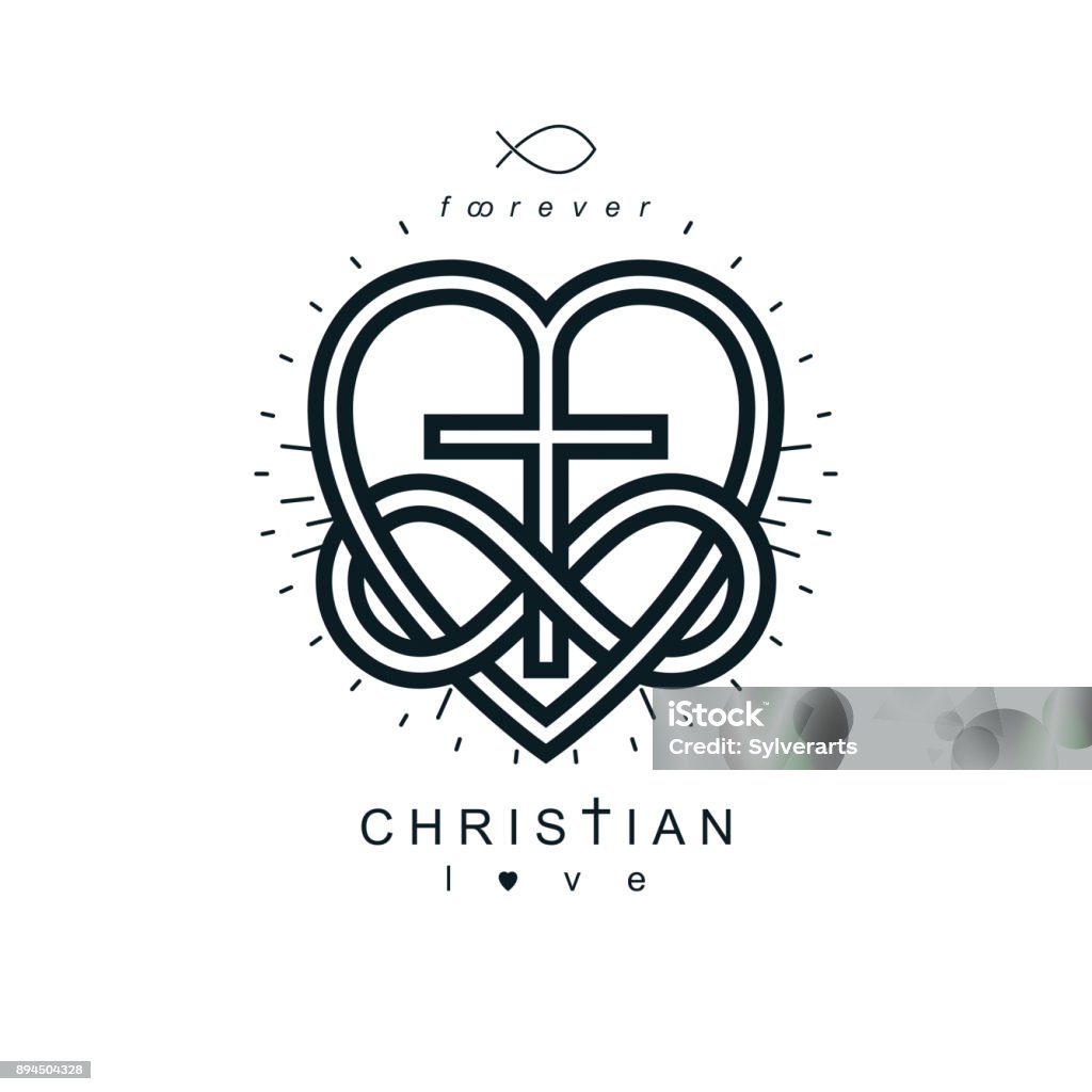 Immortal Love of God conceptual symbol combined with infinity loop sign and Christian Cross with heart, vector creative symbol. Abstract stock vector