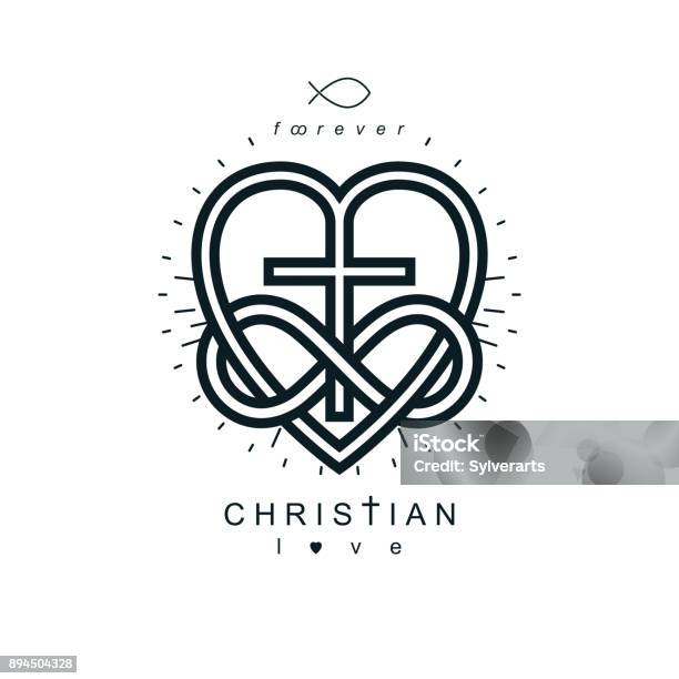 Immortal Love Of God Conceptual Symbol Combined With Infinity Loop Sign And Christian Cross With Heart Vector Creative Symbol Stock Illustration - Download Image Now