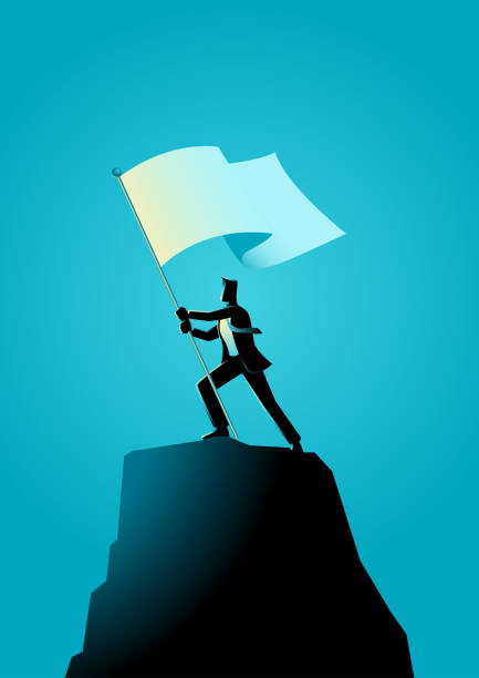 Businessman holding a flag on top of rock vector art illustration