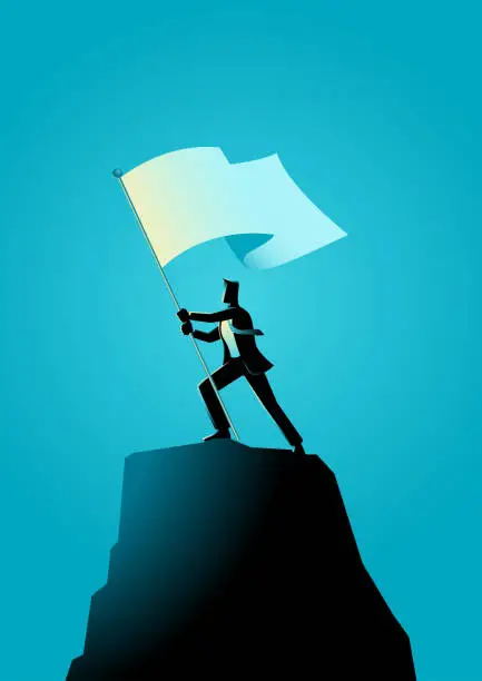 Vector illustration of Businessman holding a flag on top of rock