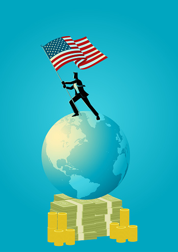 Business concept illustration of a businessman holding the flag of USA on world globe