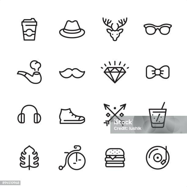 Hipsters Outline Icon Set Stock Illustration - Download Image Now - Icon Symbol, Hat, Mustache