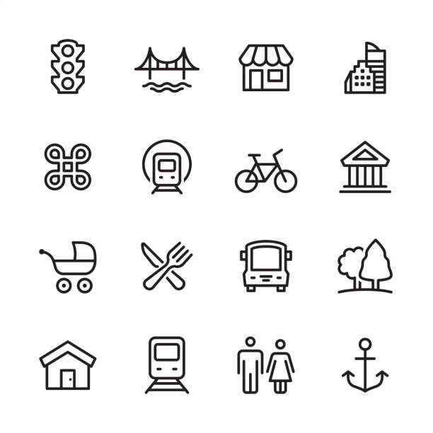 ilustraciones, imágenes clip art, dibujos animados e iconos de stock de vida de la ciudad - conjunto de iconos de contorno - anchor harbor vector symbol