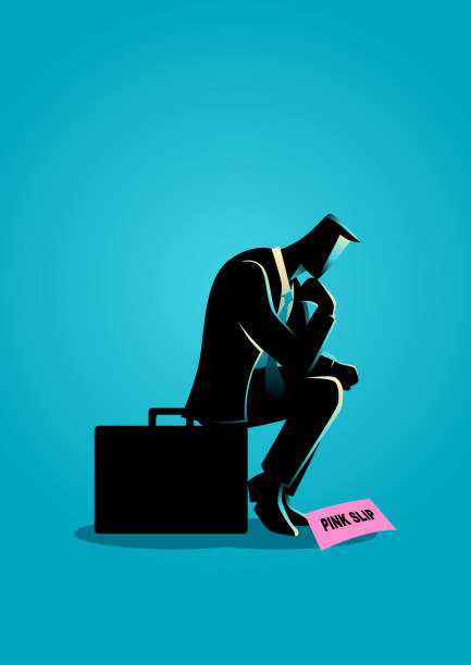 бизнесмен, сидящий на чемодане печально - unemployment stock illustrations