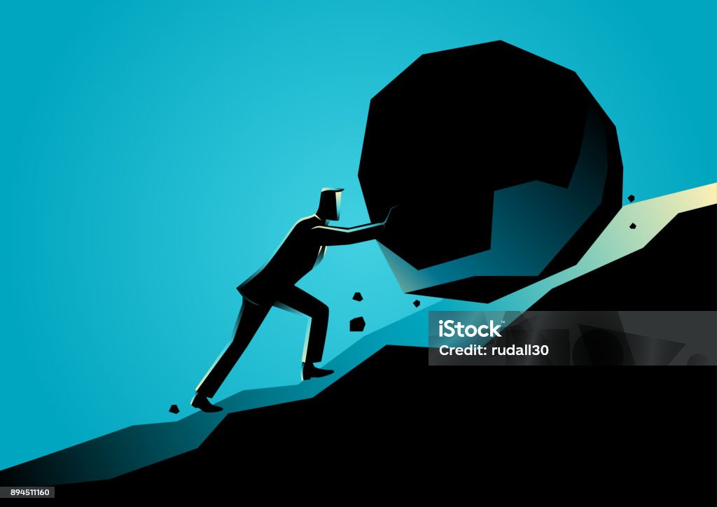 Businessman pushing large stone uphill Business concept illustration of a businessman pushing large stone uphill Struggle stock vector