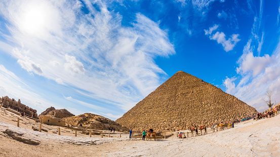 The Great Pyramid of Giza, taken with a fisheye lens on a sunny day in December