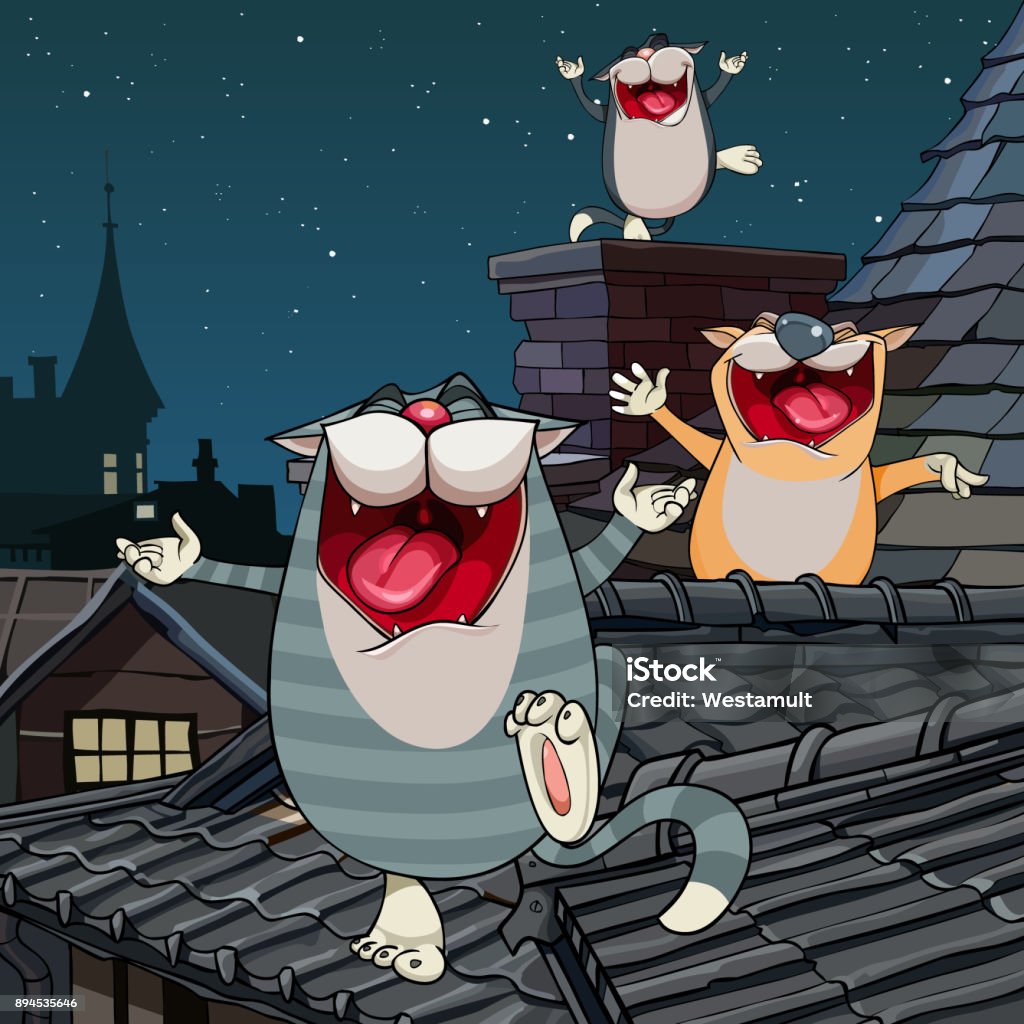 Cartoon Funny Cats Yelling On The Roof At Night Stock Illustration -  Download Image Now - Animal, Animal Body Part, Animal Head - iStock