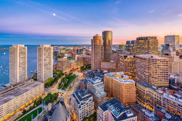 Boston, Massachusetts, USA downtown cityscape at dusk.