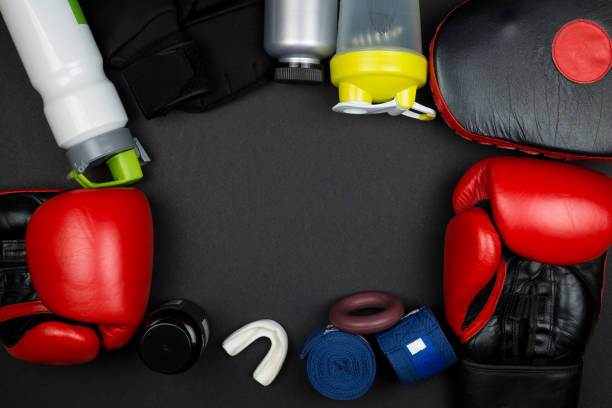 attrezzature sportive - group of objects padding exercising boxing glove foto e immagini stock