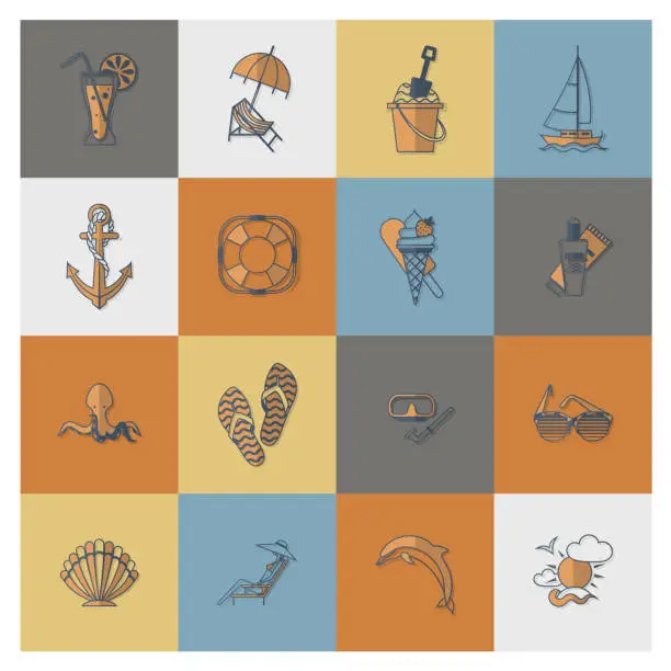 Vector illustration of Summer and Beach Simple Flat Icons