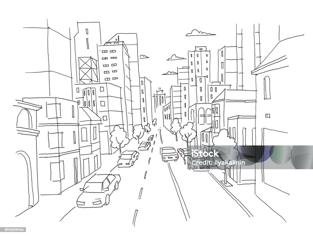 City street linear perspective sketch road view. Cars end buildings. Hand drawn vector stock line illustration City street linear perspective sketch road view. Cars end buildings. Hand drawn vector stock line illustration. For coloring Point of View stock vector