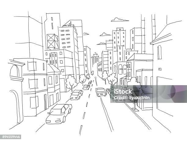 City Street Linear Perspective Sketch Road View Cars End Buildings Hand Drawn Vector Stock Line Illustration Stock Illustration - Download Image Now