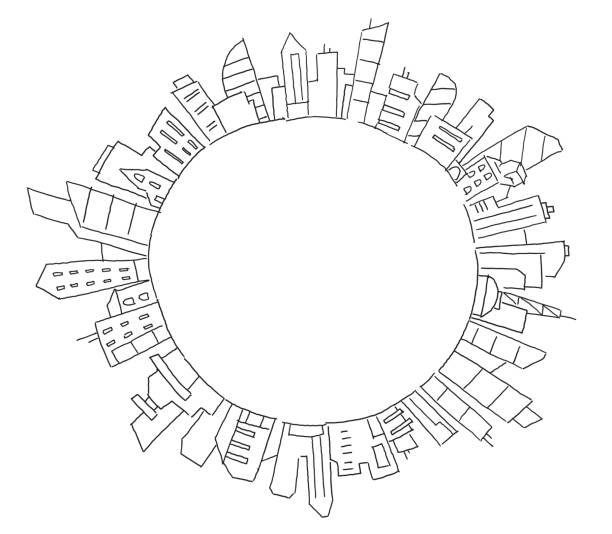 istock City panorama drawing in circle round. Place for text. Hand drawn sketch vector stock line illustration. Building architecture landscape 894560092