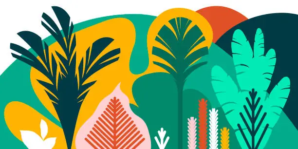 Vector illustration of Trees are broad-leaved tropical, ferns. Flat style. Preservation of the environment, forests. Park, outdoor. Vector illustration.