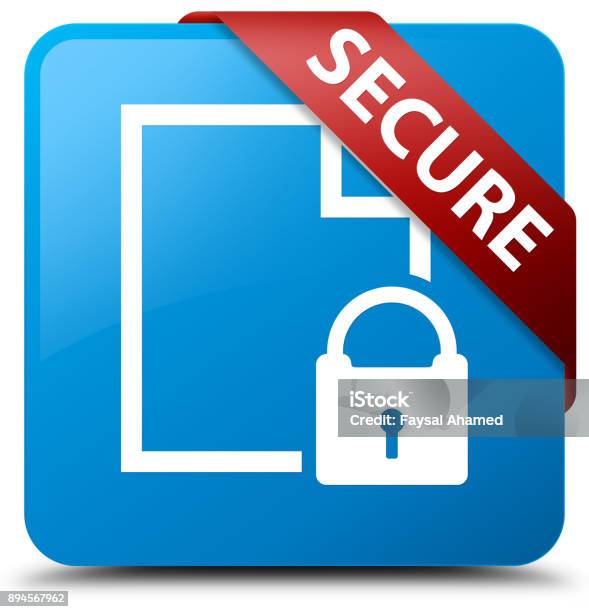 Secure Ribbon Secure Cyan Blue Square Button Red Ribbon In Corner Stock Illustration ...