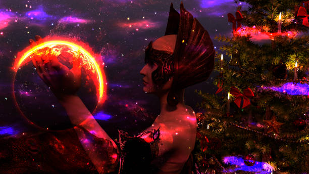 istock Woman Elf with Christmas tree over space background 894576678