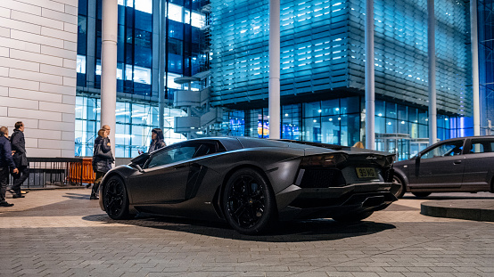 London: Super-car parked on Exhibition Rd, Kensington London. Lamborghini Aventador is a mid-engine sports car