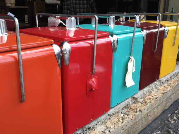 Colorful Retro coolers lined up in a colorful pattern