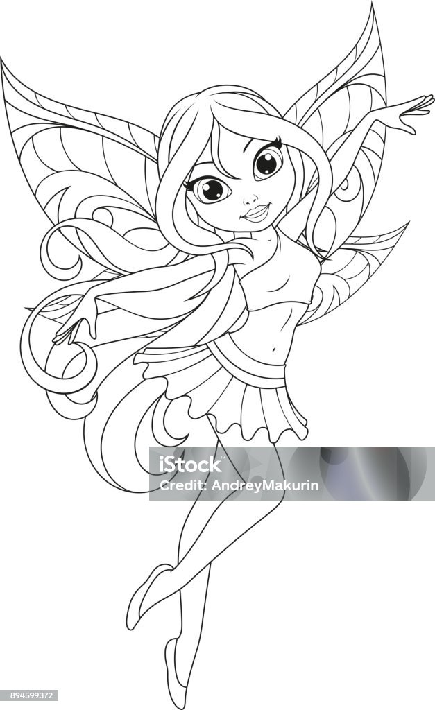 cute fairy with wings vector illustration, cute little fairy with wings, white background, coloring page Princess stock vector