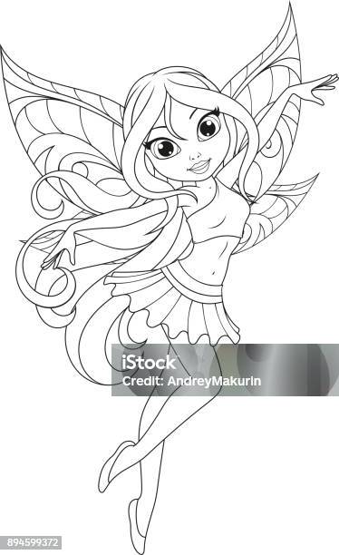 Cute Fairy With Wings Stock Illustration - Download Image Now - Princess, Fairy, Coloring Book Page - Illlustration Technique