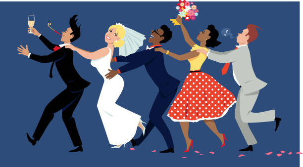 ilustraciones, imágenes clip art, dibujos animados e iconos de stock de danza conga de la boda - dancing women wedding reception men
