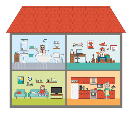 Vector illustration of a family house in cut interior cross section rooms with furniture in a flat style with father, mother, son, grandma and a cat. Bathroom, Living room, Kid's room, Kitchen.