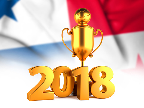 Sport Background with Sport Background with Golden Winner Trophy Cup and 2018 text against the national flag of Panama