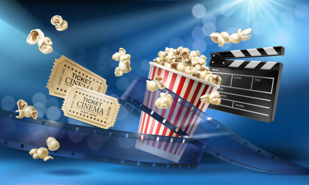 bildbanksillustrationer, clip art samt tecknat material och ikoner med cinema bakgrund med realistiska 3d-objekt - popcorn