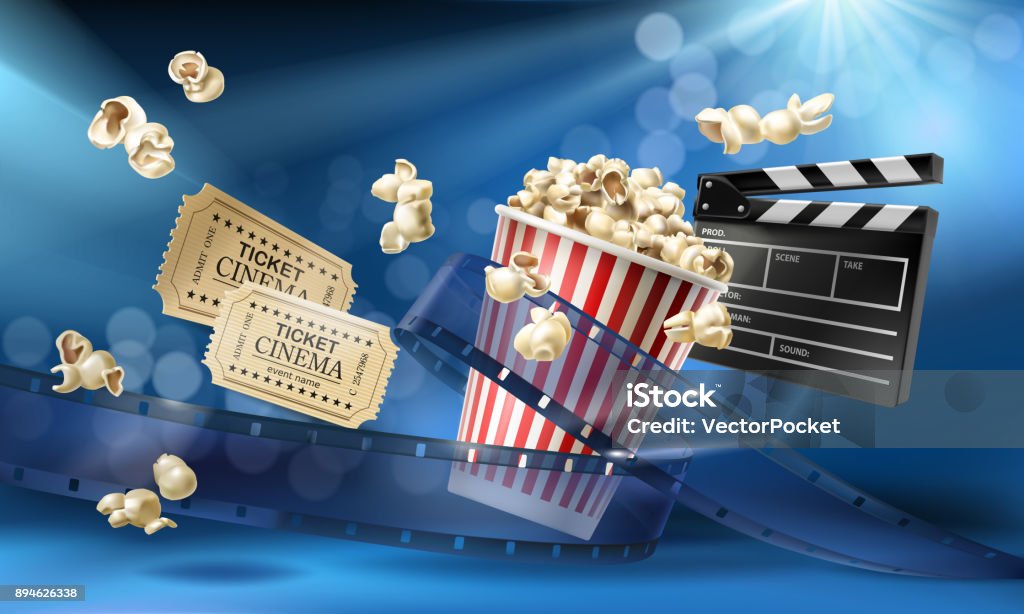 Cinema background with 3d realistic objects Cinema blue background with 3d realistic objects popcorn, tape, tickets and clapperboard. Vector concept colorful illustration with elements of film industry. Template for ad, poster, presentation Movie stock vector