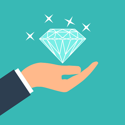Big shining diamond in hand. Wedding concept. Marriage proposal. Design vector illustration.