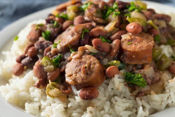 Southern Red Beans and Rice Southern Red Beans and Rice with Andouille Sausage kidney bean stock pictures, royalty-free photos & images