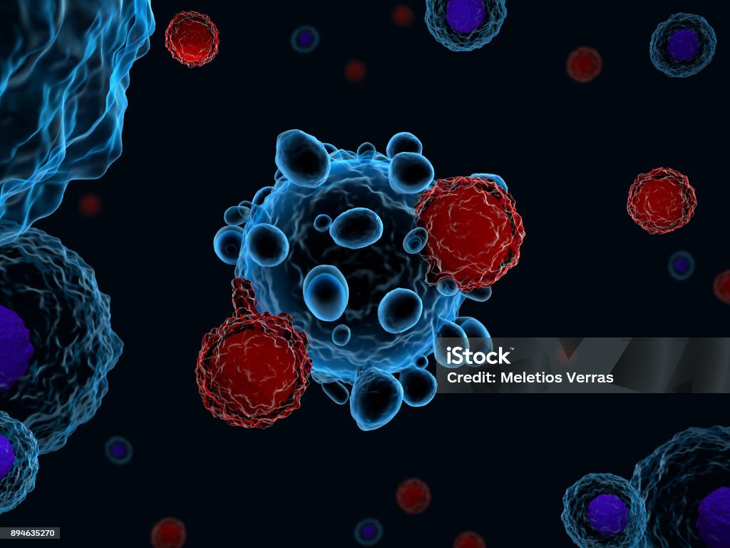 Cellule T che attaccano le cellule tumorali - Foto stock royalty-free di Cellula T