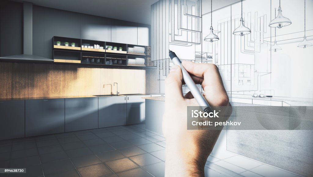 Architecture and engineering concept Male hands drawing abstract unfinished kitchen interior sketch. Architecture and engineering concept. 3D Rendering Kitchen Stock Photo