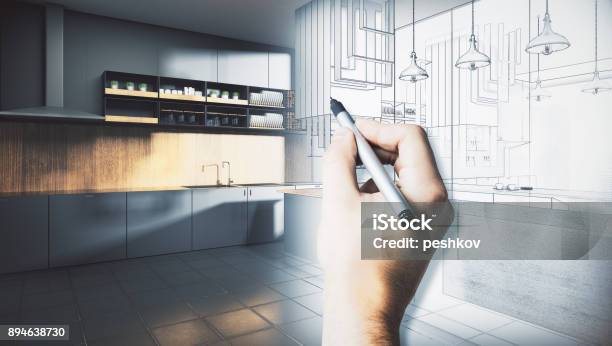 Architecture And Engineering Concept Stock Photo - Download Image Now - Kitchen, Plan - Document, Furniture