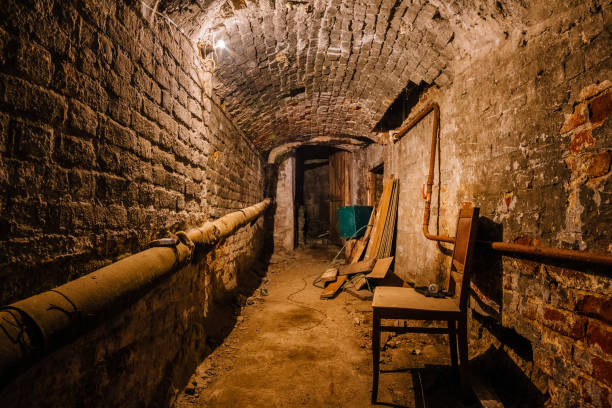 istock Underground vaulted cellar of red brick under old mansion 894647410