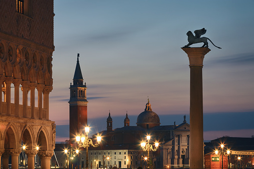 Church of San Giorgio Maggiore and Lion of St. Mark's Square, Venice, Italy