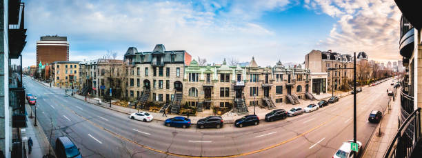 Sherbrooke Street 180 degrees Panorama. Facing South, St-Denis is the next Perpendicular Street on the Left. Victorian-Style Offices are visible in front. Montreal, Canada _ December 3, 2017. Sherbrooke Street 180 degrees Panorama. Facing South, St-Denis is the next Perpendicular Street on the Left. Victorian-Style Offices are visible in front. sherbrooke quebec stock pictures, royalty-free photos & images