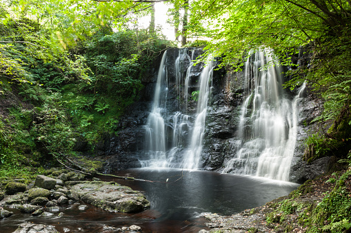 Waterfall with small water pond below surrounded by trees and lush vegetation in a deciduous forest in summer. Glenariff Forest Park, Northern Ireland, UK.