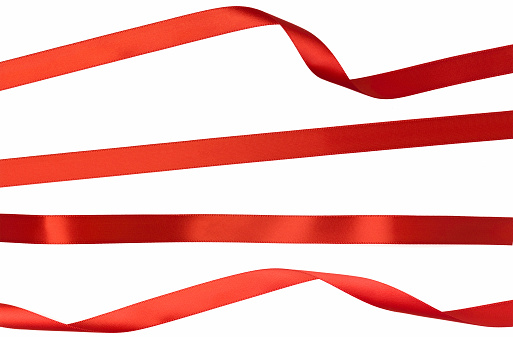 Twisted Straight and Curled Red Isolated Ribbon Strips on White