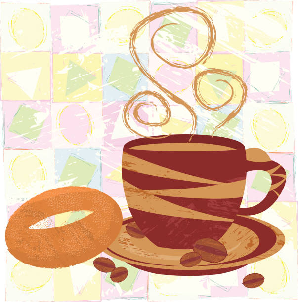 ilustrações, clipart, desenhos animados e ícones de xícara de café e pão bagel - coffee bagel donut coffee cup