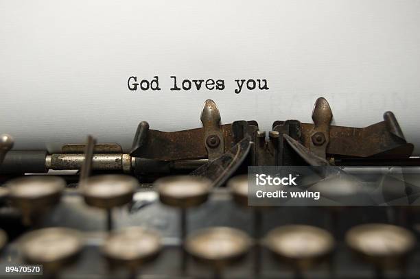 God Loves You On An Old Typewriter Showing Keys Stock Photo - Download Image Now - Praying, Single Word, Antique