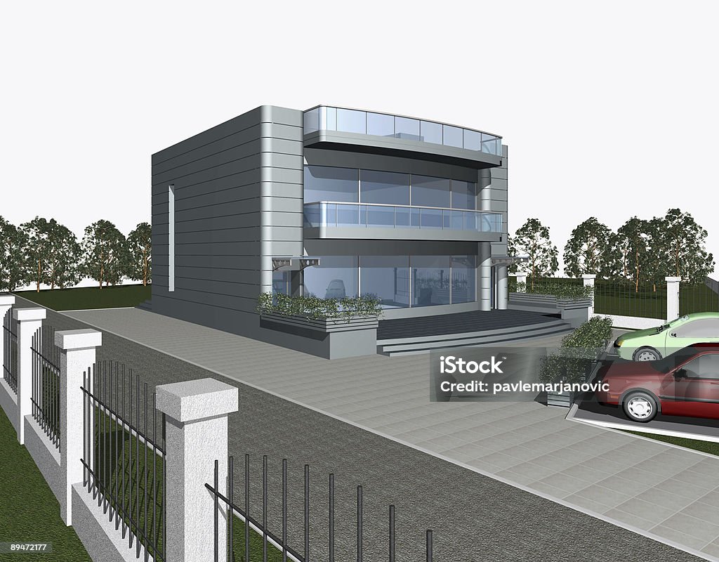 3 D render de um moderna casa edifício - Foto de stock de Estacionamento de carros royalty-free