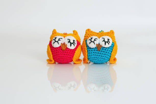 istock Two colorful handmade knitted owls placed on a white background 894736424