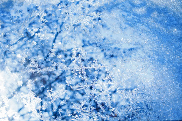 istock Frosted window with delicate crystal shapes illuminated by sunlight. Cold, winter background texture with rays and light dots. Frozen wonderland pattern with cool, pastel tones & natural sparkle. 894757622