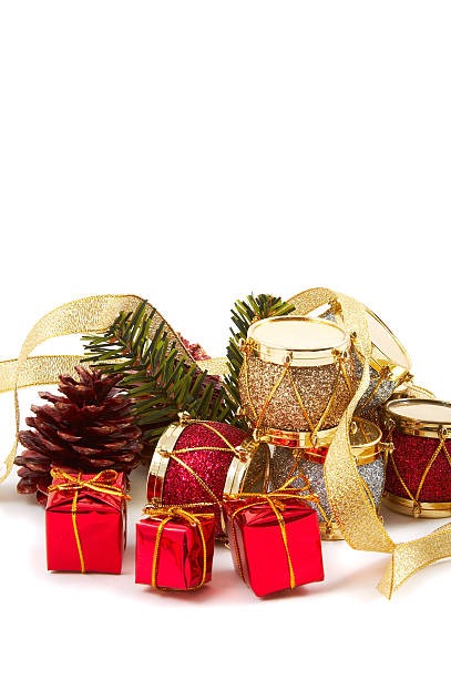 Christmas Decorations, drums, presents, pine cone stock photo